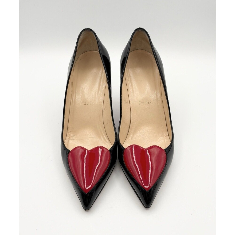 Christian Louboutin Black & Red Patent Leather Cora Heart 100 Pumps Sz EU 36.5